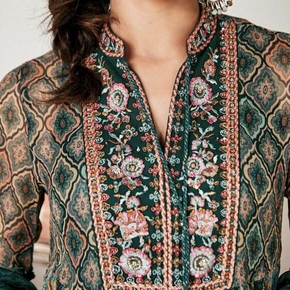 Soft Surroundings Shira Green Embroidered Tassel Neck Top - Picture 2 of 10